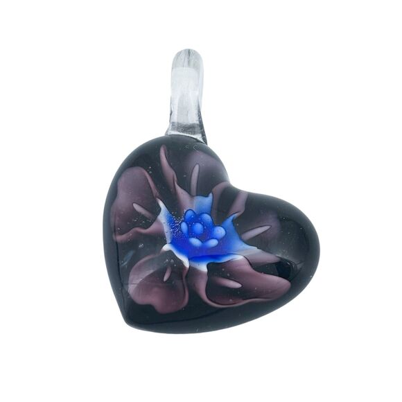 Purple Glass Heart Pendant with Blue Floral Design - Picture 1 of 5